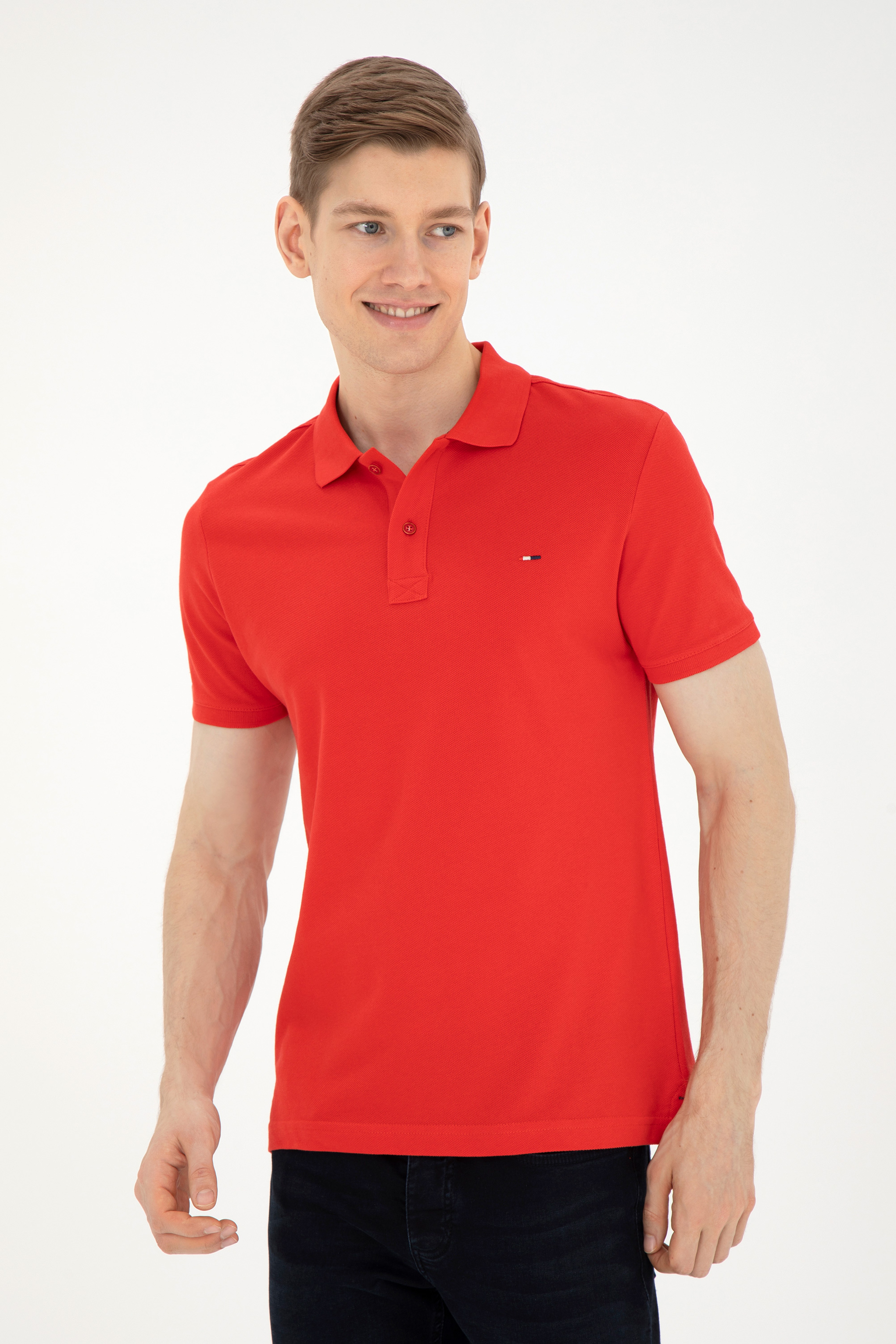 Erkek Slim Fit Polo Yaka Kırmızı Basic Tişört - Image 3