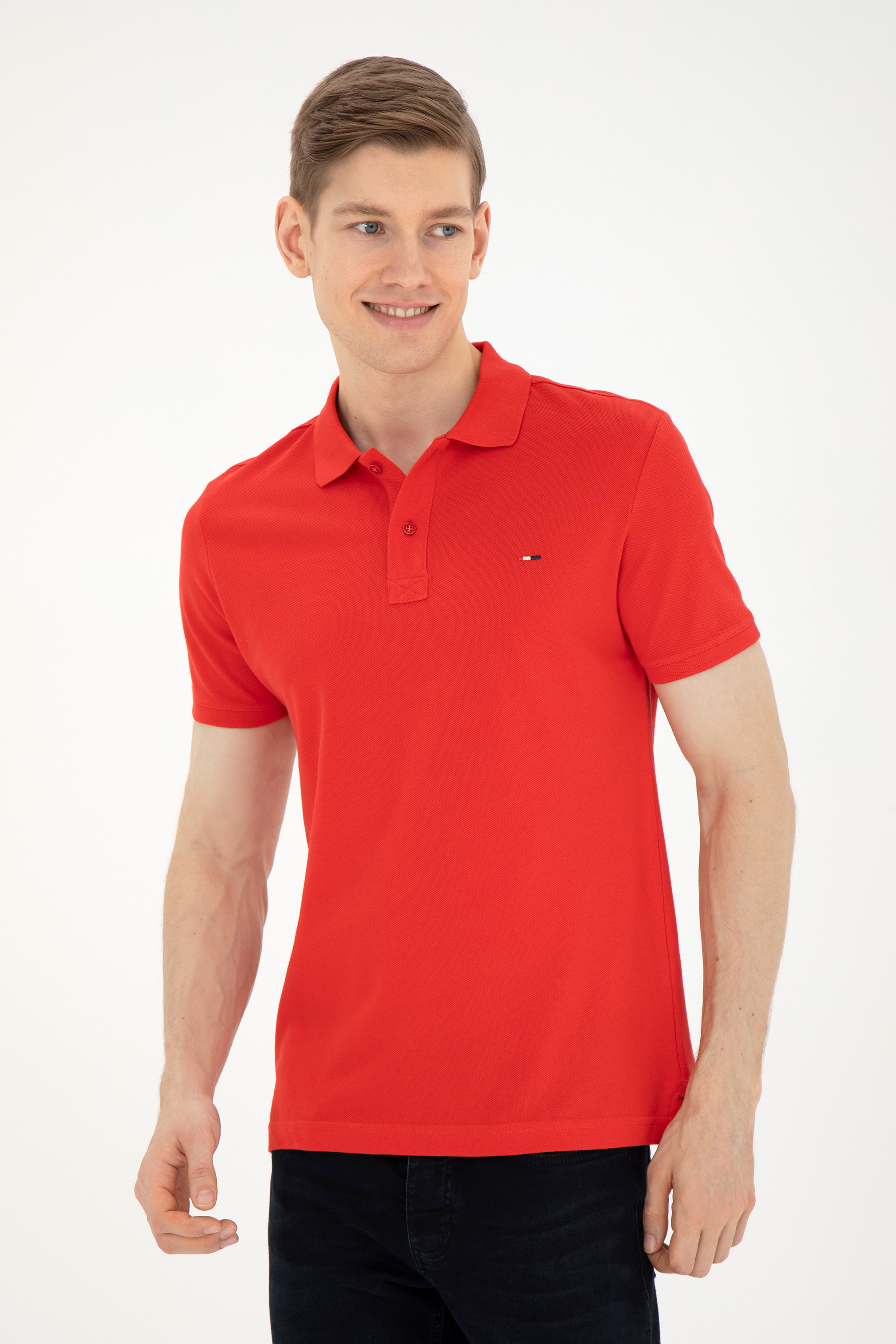 Erkek Slim Fit Polo Yaka Kırmızı Basic Tişört