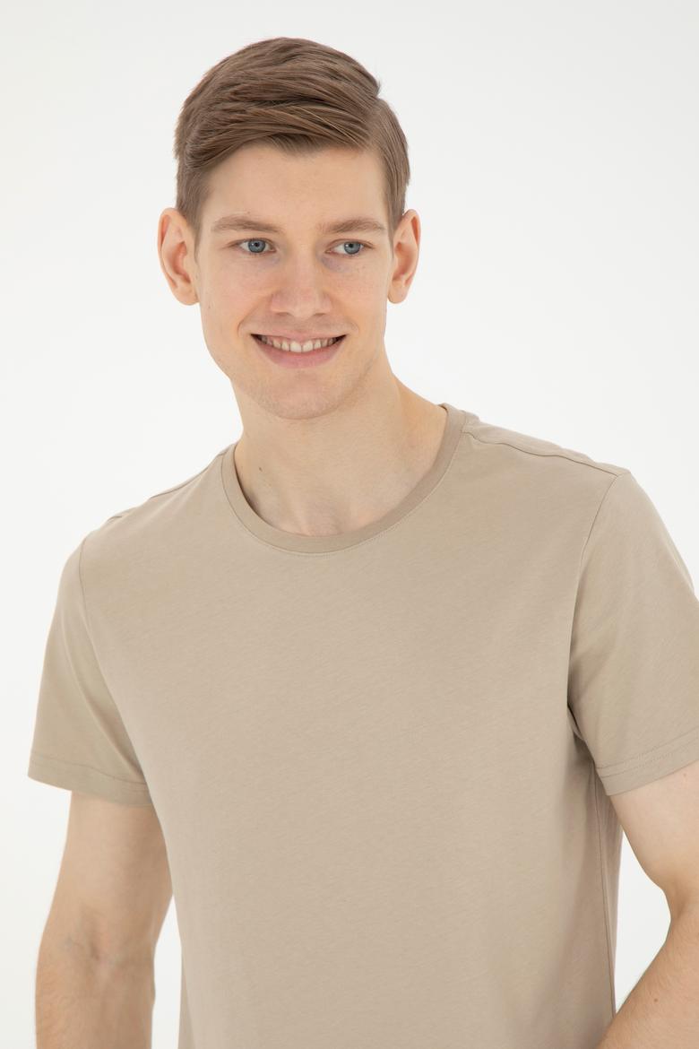 Erkek Regular Fit Bisiklet Yaka Açık Haki Tişört - 50287085009