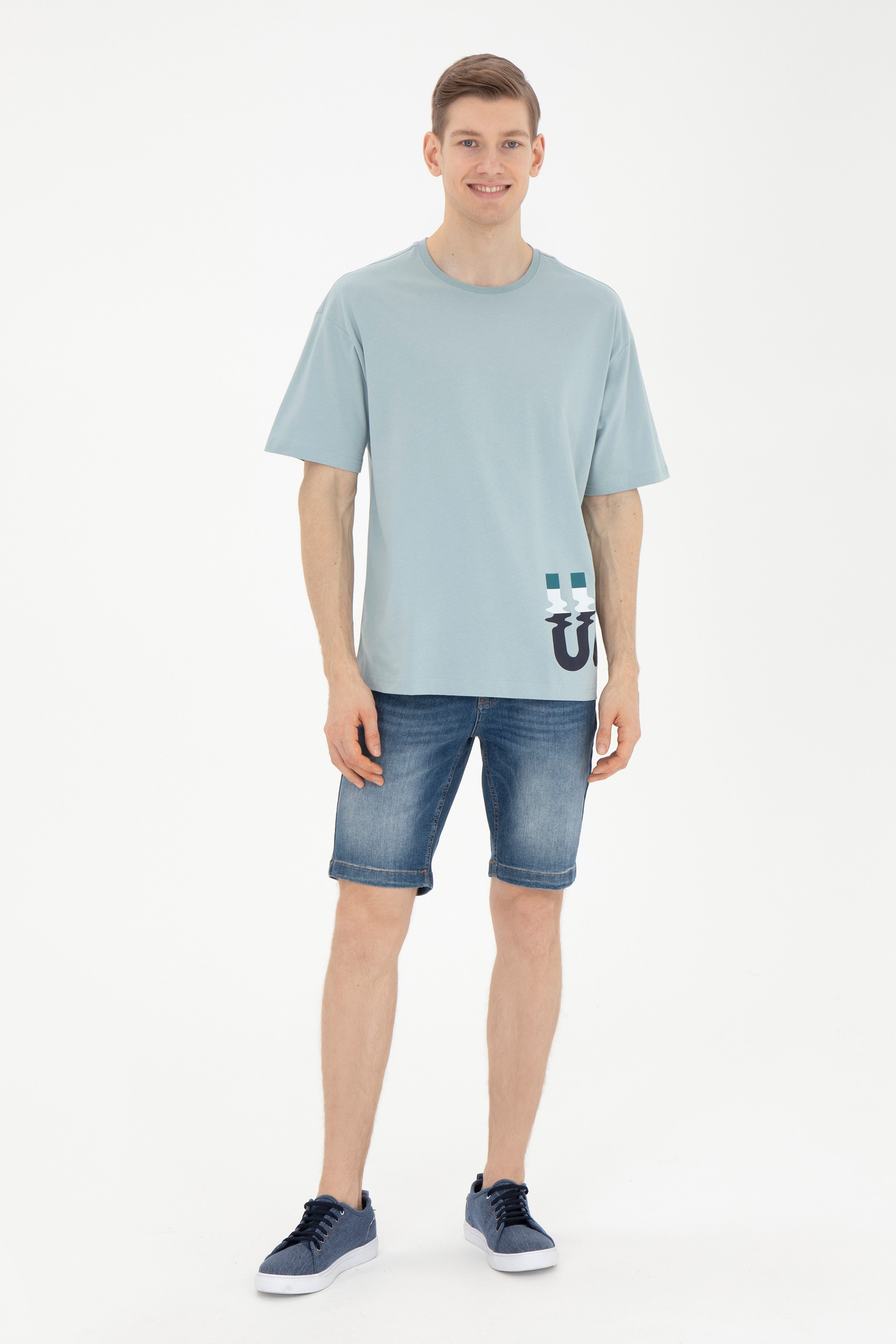 Erkek Comfort Fit Bisiklet Yaka Su Yeşili Tişört - Image 4