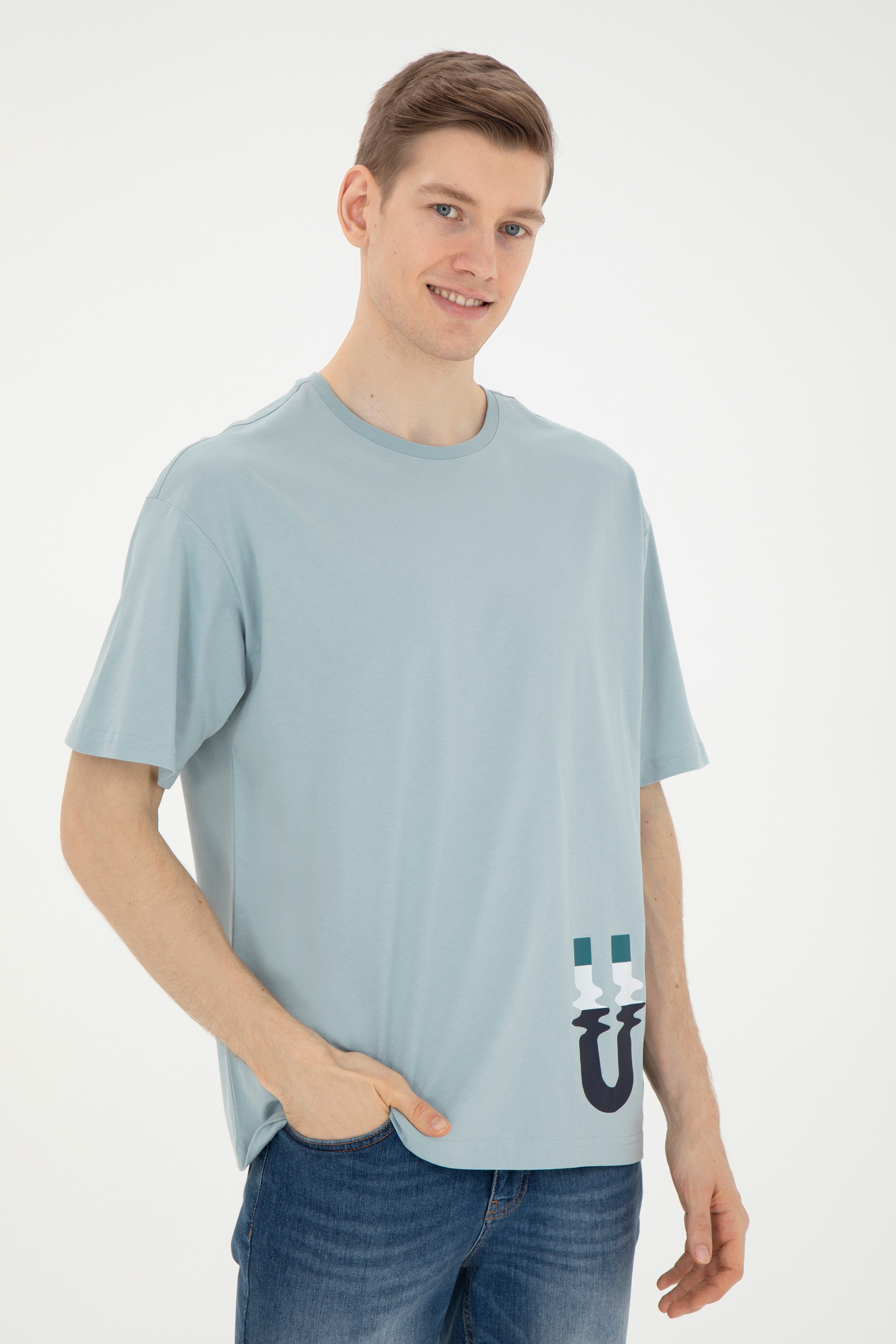 Erkek Comfort Fit Bisiklet Yaka Su Yeşili Tişört - Image 3