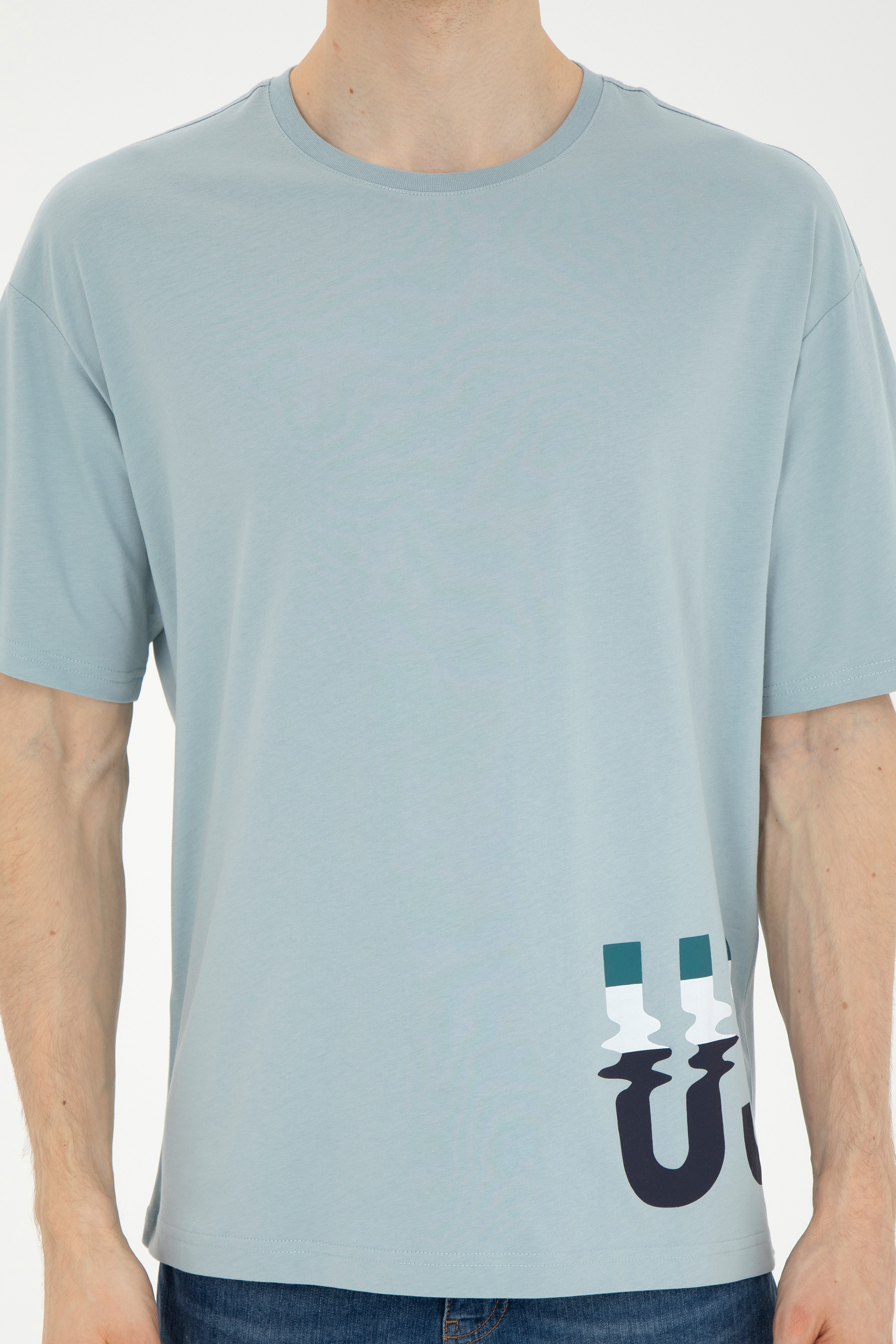 Erkek Comfort Fit Bisiklet Yaka Su Yeşili Tişört - Image 6