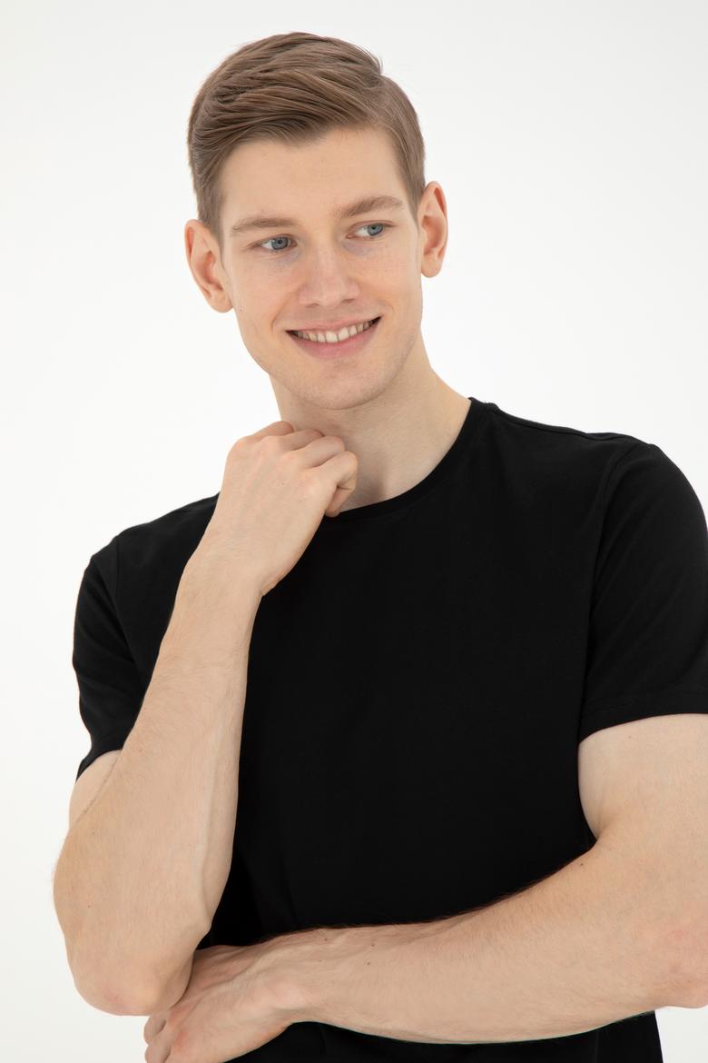 Erkek Regular Fit Bisiklet Yaka Siyah Tişört - 50287085041