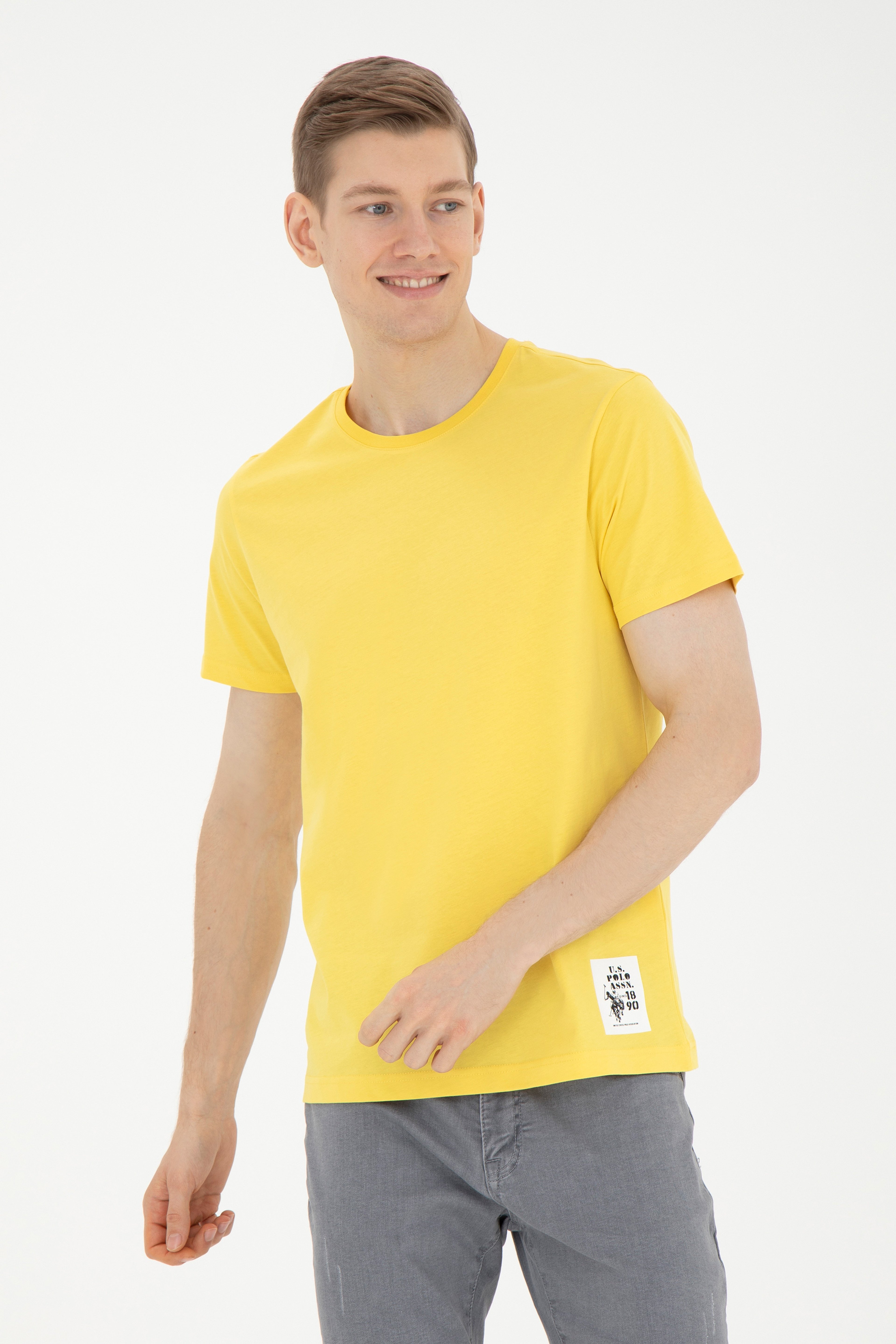 Erkek Regular Fit Bisiklet Yaka Sarı Tişört