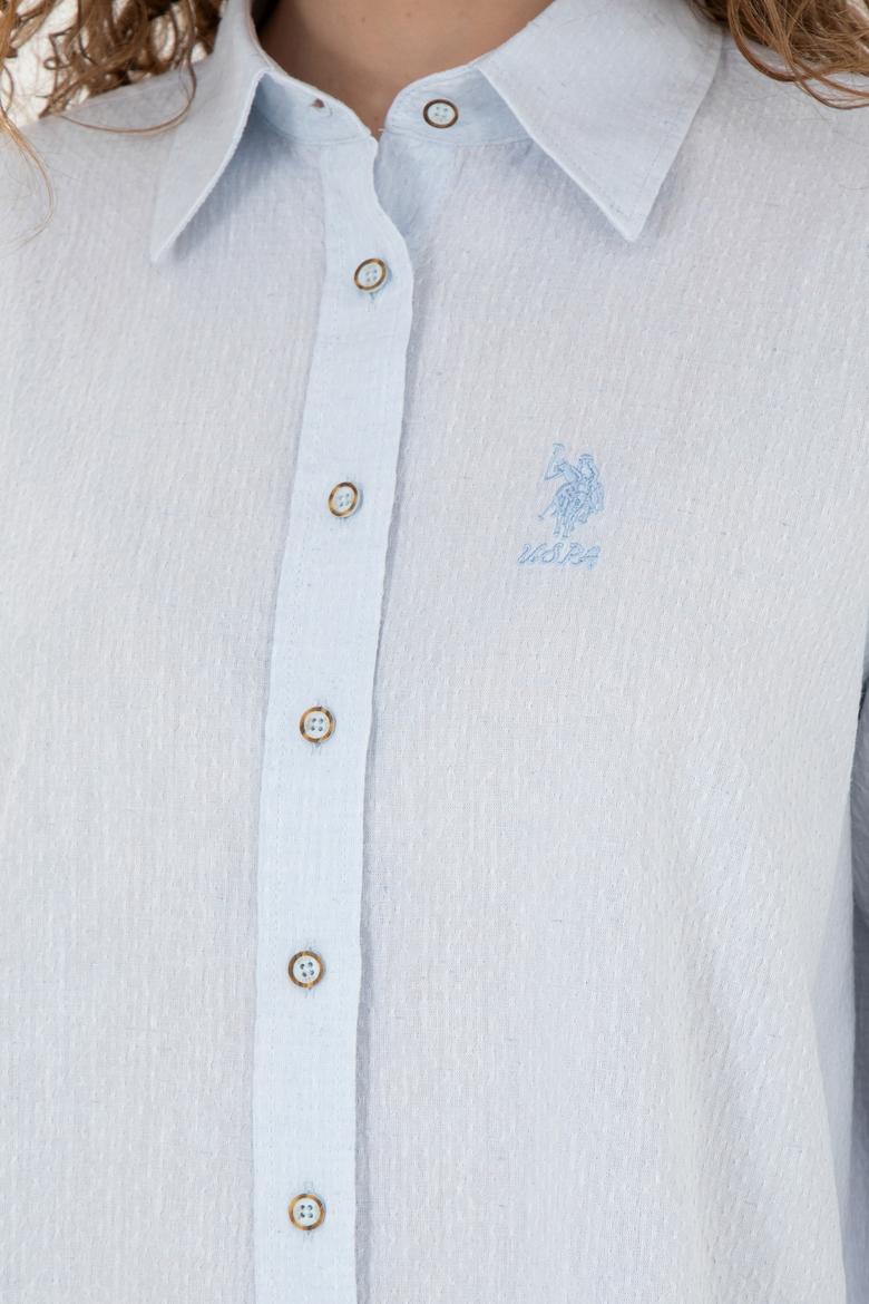 Kadın Açık Mavi Keten Görünümlü Uzun Kollu Gömlek - 50263362003