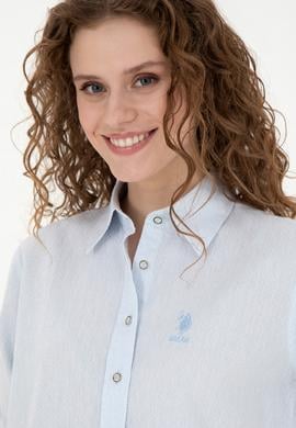 Kadın Açık Mavi Keten Görünümlü Uzun Kollu Gömlek - 50263362003