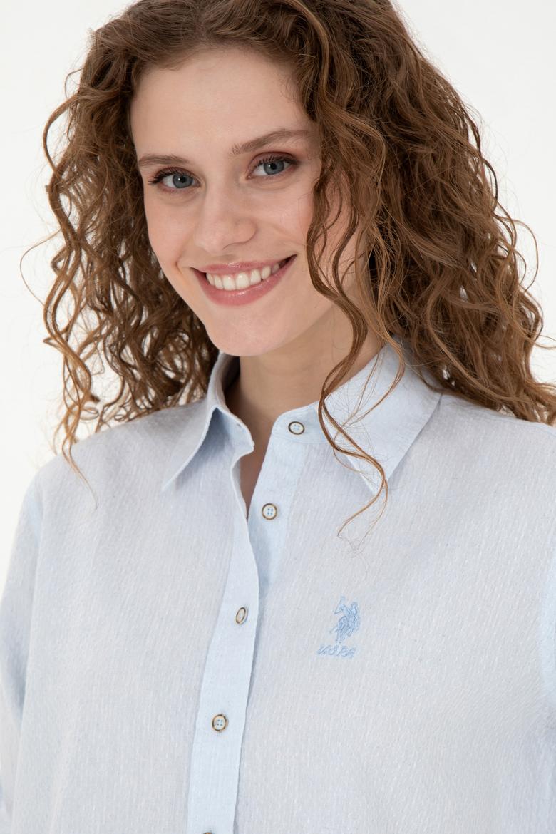 Kadın Açık Mavi Keten Görünümlü Uzun Kollu Gömlek - 50263362003