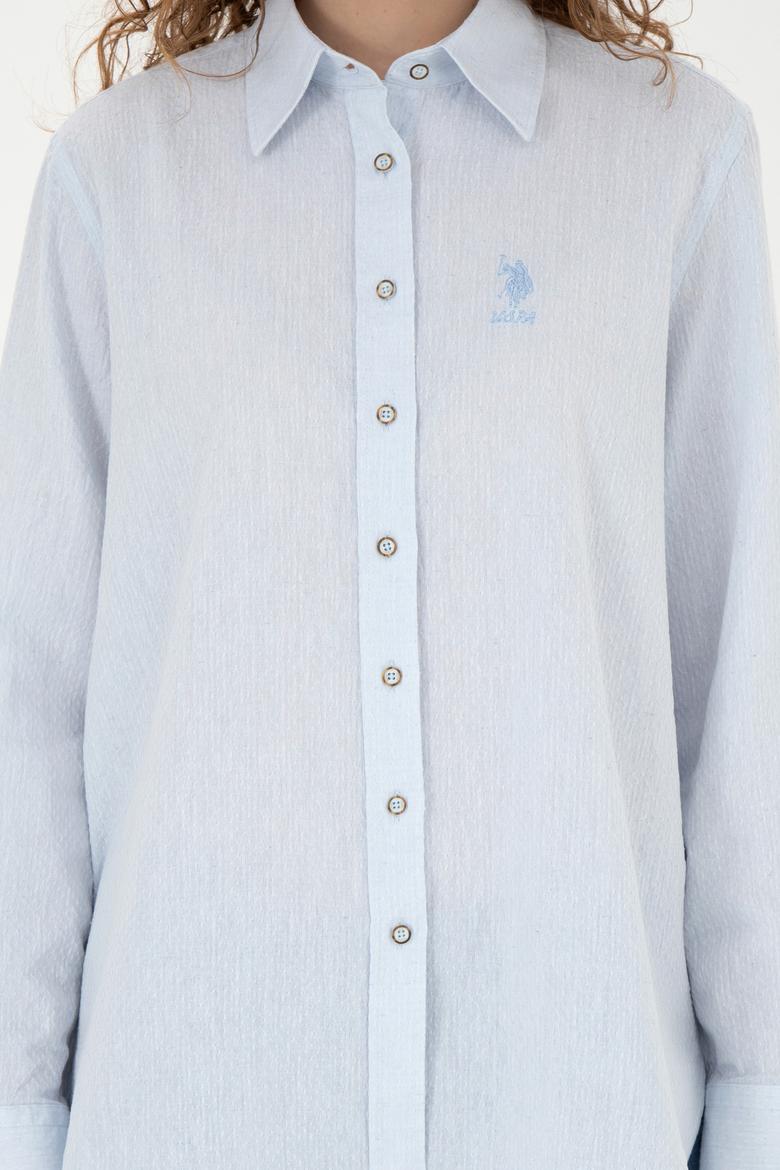 Kadın Açık Mavi Keten Görünümlü Uzun Kollu Gömlek - 50263362003