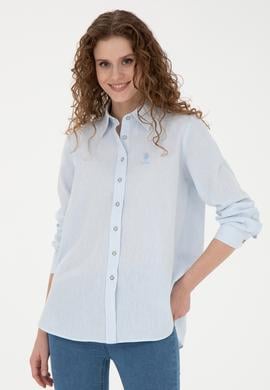 Kadın Açık Mavi Keten Görünümlü Uzun Kollu Gömlek - 50263362003