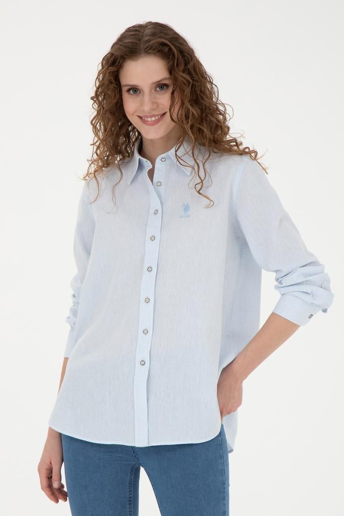 Kadın Açık Mavi Keten Görünümlü Uzun Kollu Gömlek