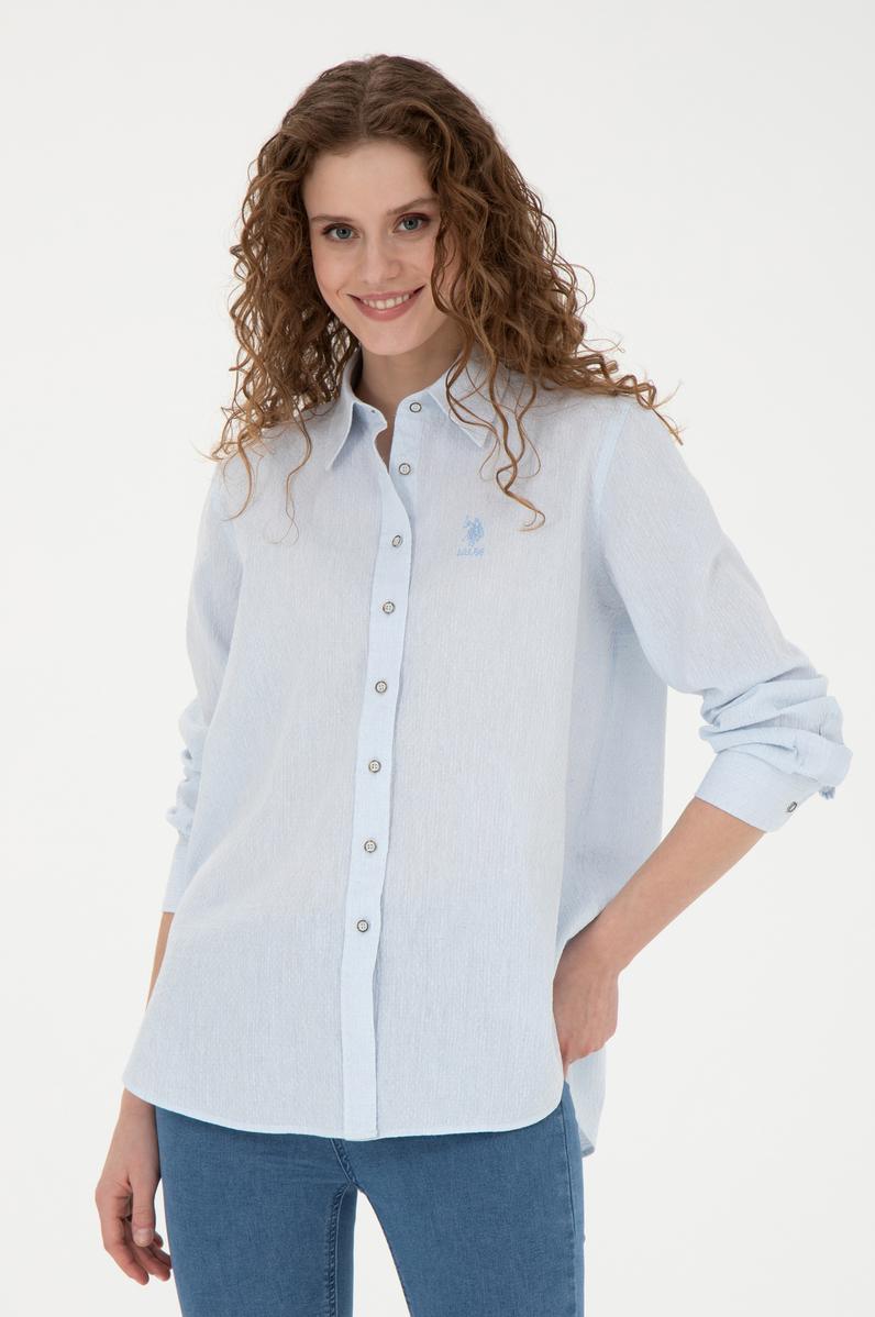 Kadın Açık Mavi Keten Görünümlü Uzun Kollu Gömlek