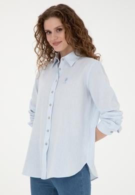 Kadın Açık Mavi Keten Görünümlü Uzun Kollu Gömlek - 50263362003