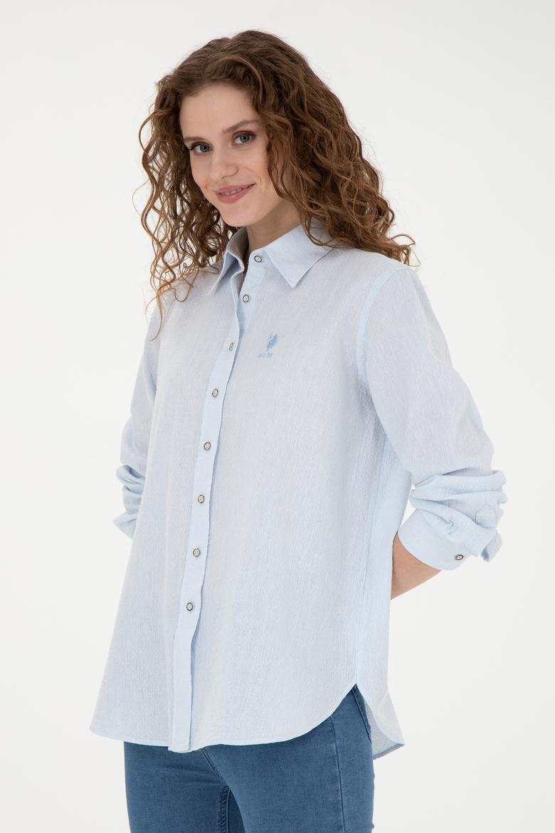 Kadın Açık Mavi Keten Görünümlü Uzun Kollu Gömlek - 50263362003
