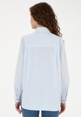 Kadın Açık Mavi Keten Görünümlü Uzun Kollu Gömlek - 50263362003