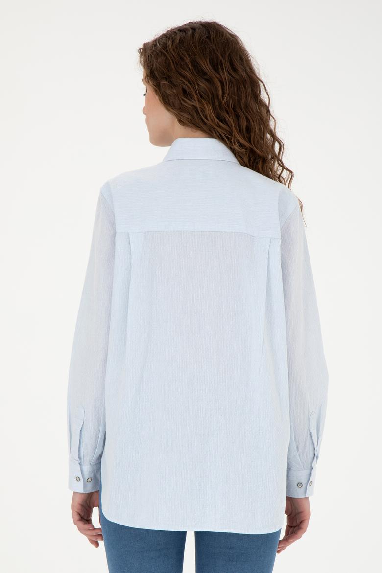 Kadın Açık Mavi Keten Görünümlü Uzun Kollu Gömlek - 50263362003
