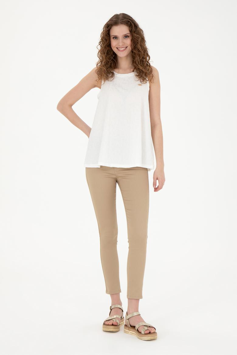 Kadın Ekru Bisiklet Yaka Kolsuz Tişört - 50281746019