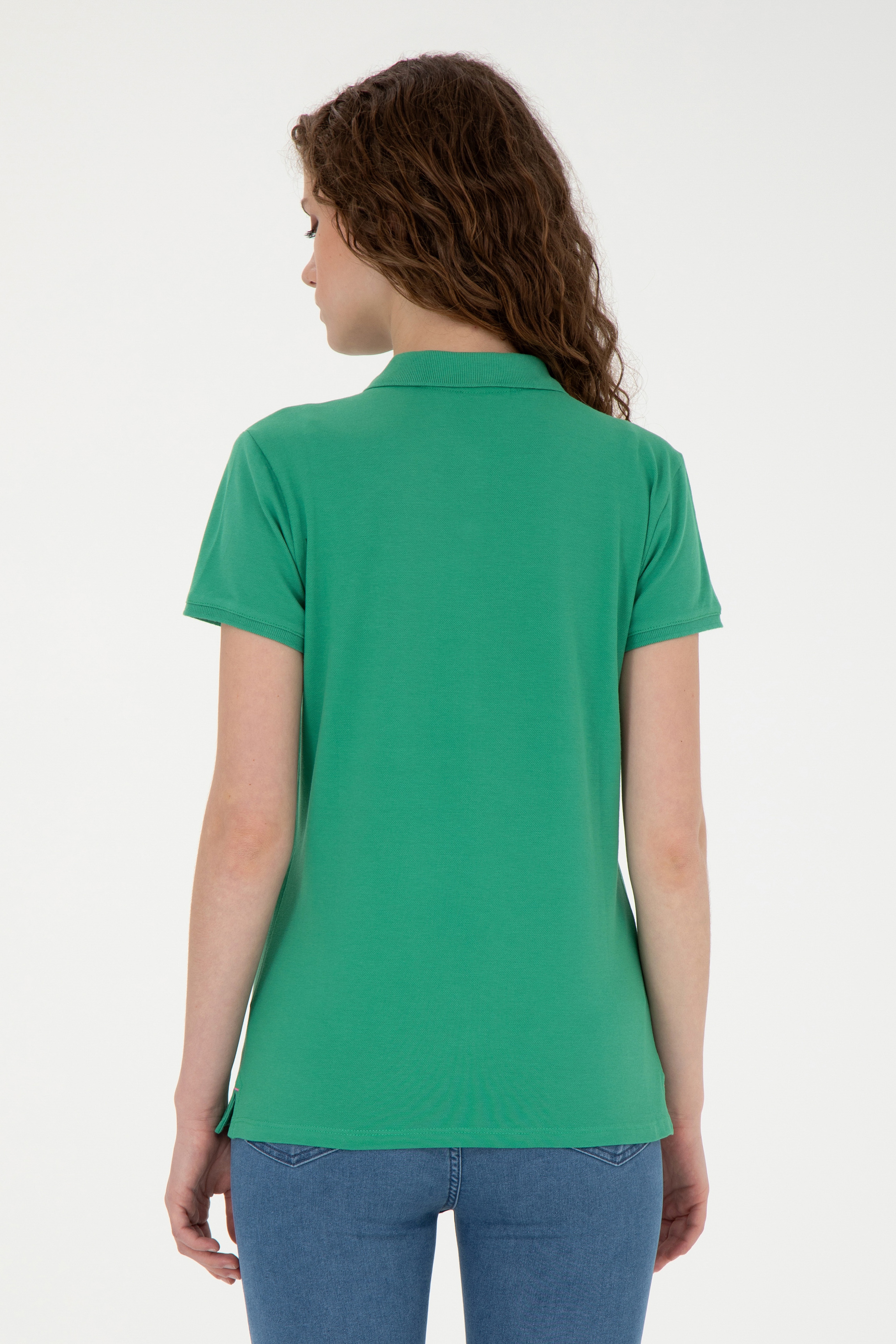 Kadın Yeşil Basic Polo Yaka Tişört - Image 5