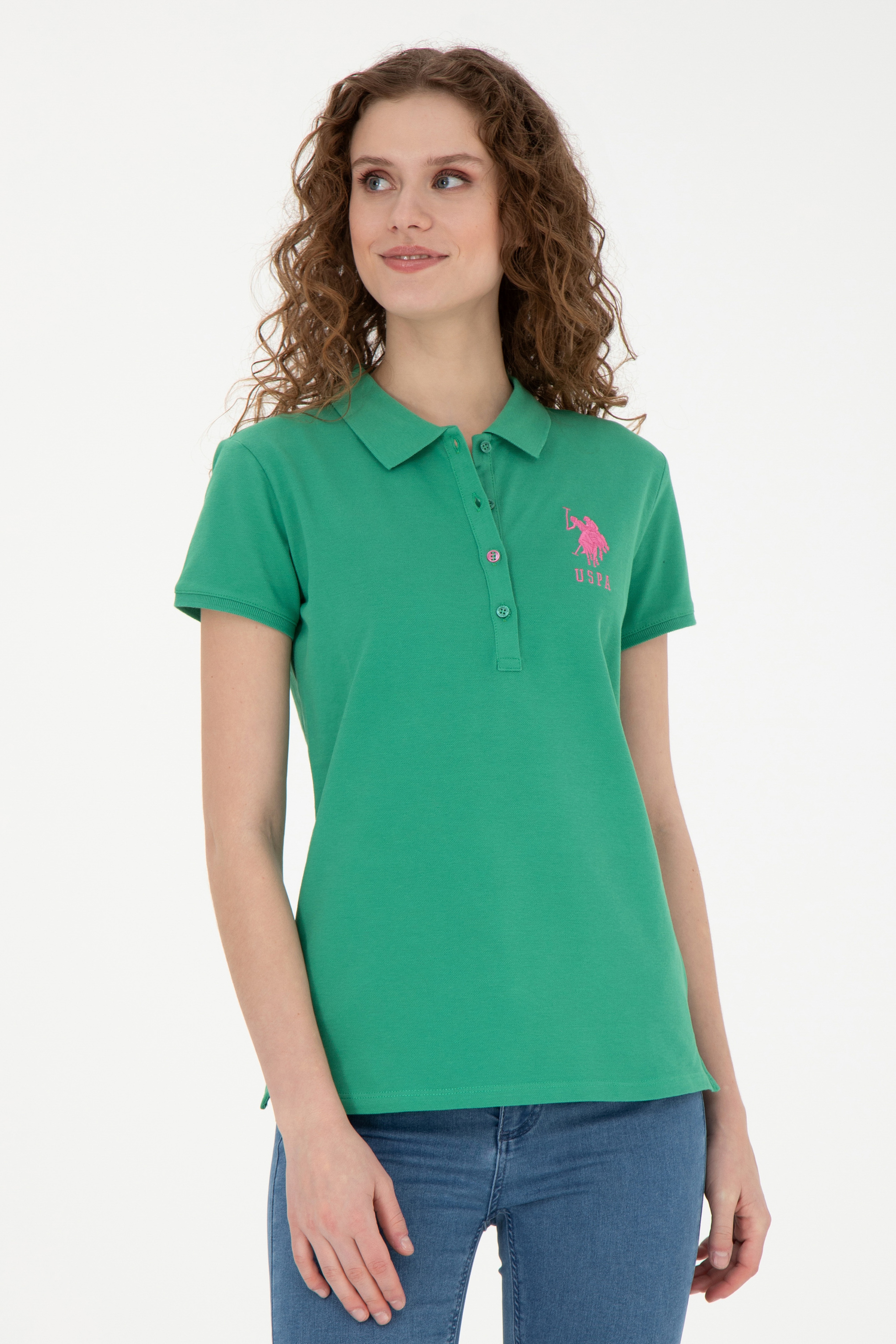 Kadın Yeşil Basic Polo Yaka Tişört - Image 3