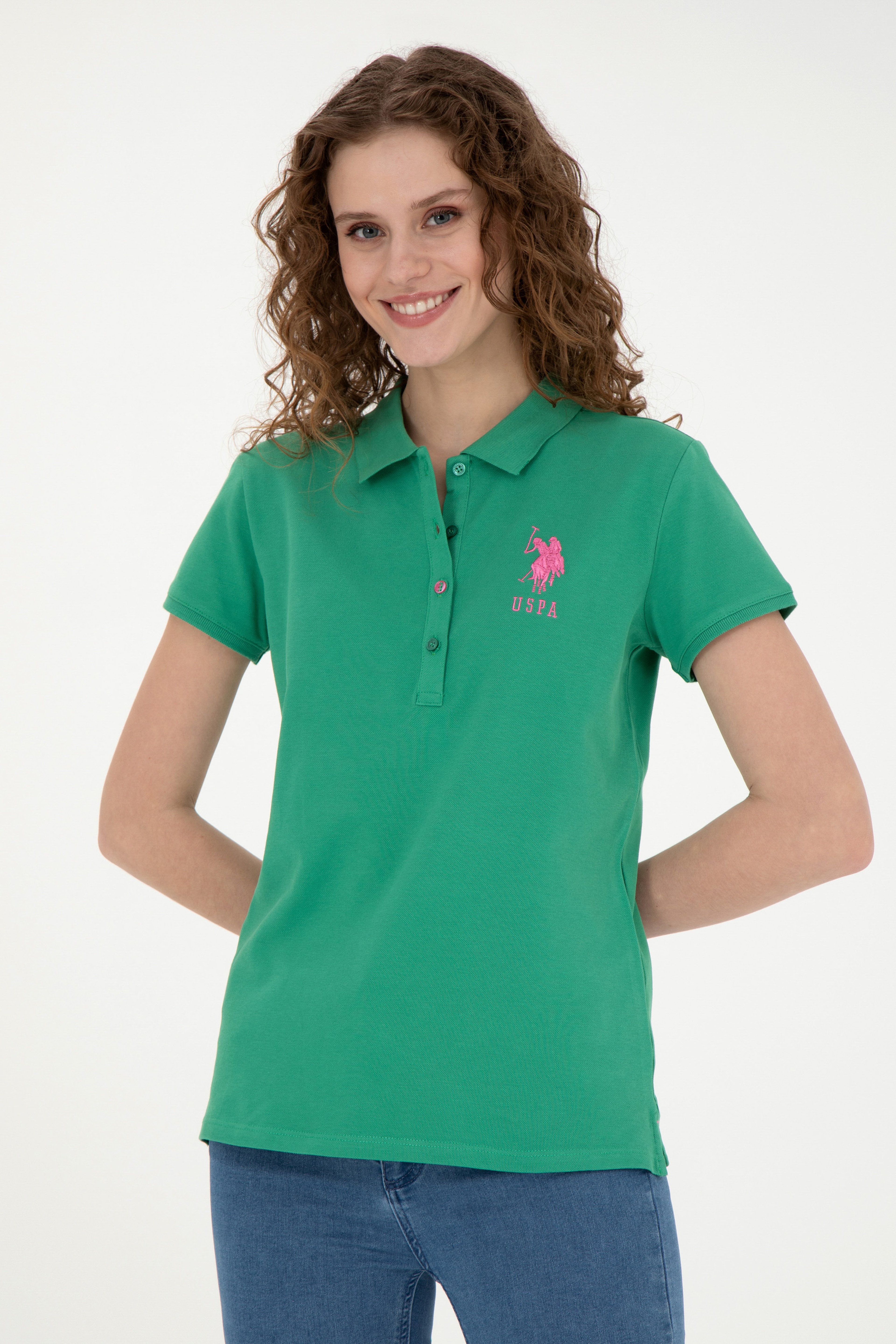 Kadın Yeşil Basic Polo Yaka Tişört - Image 1