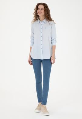 Kadın Açık Mavi Keten Görünümlü Uzun Kollu Gömlek - 50263362003