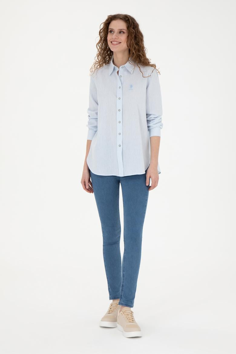 Kadın Açık Mavi Keten Görünümlü Uzun Kollu Gömlek - 50263362003