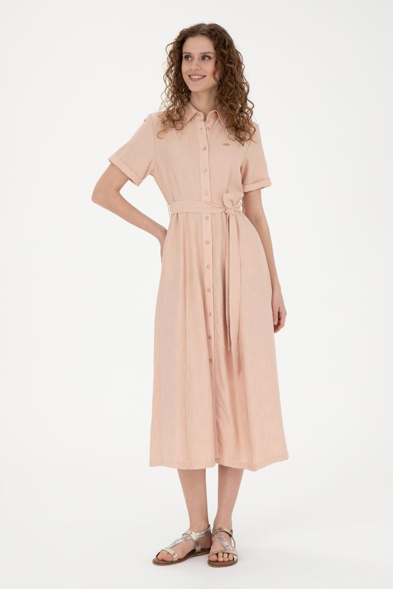 Kadın Somon Polo Yaka Dokuma Elbise - 50280549012