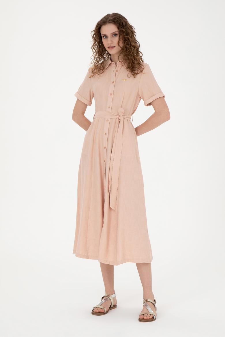 Kadın Somon Polo Yaka Dokuma Elbise