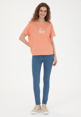 Kadın Somon Bisiklet Yaka Tişört - 50281795013