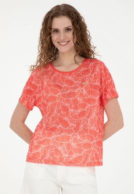 Kadın Nar Çiçeği Bisiklet Yaka Tişört - 50281800027