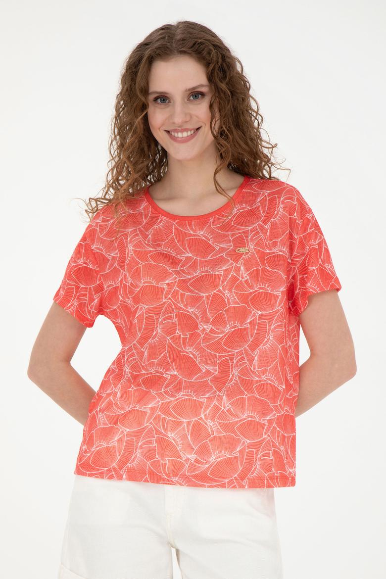 Kadın Nar Çiçeği Bisiklet Yaka Tişört - 50281800027