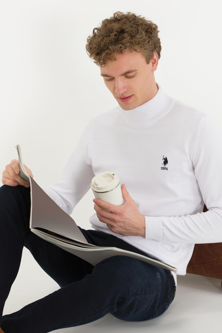 Erkek Beyaz Balıkçı Yaka Basic Triko Kazak