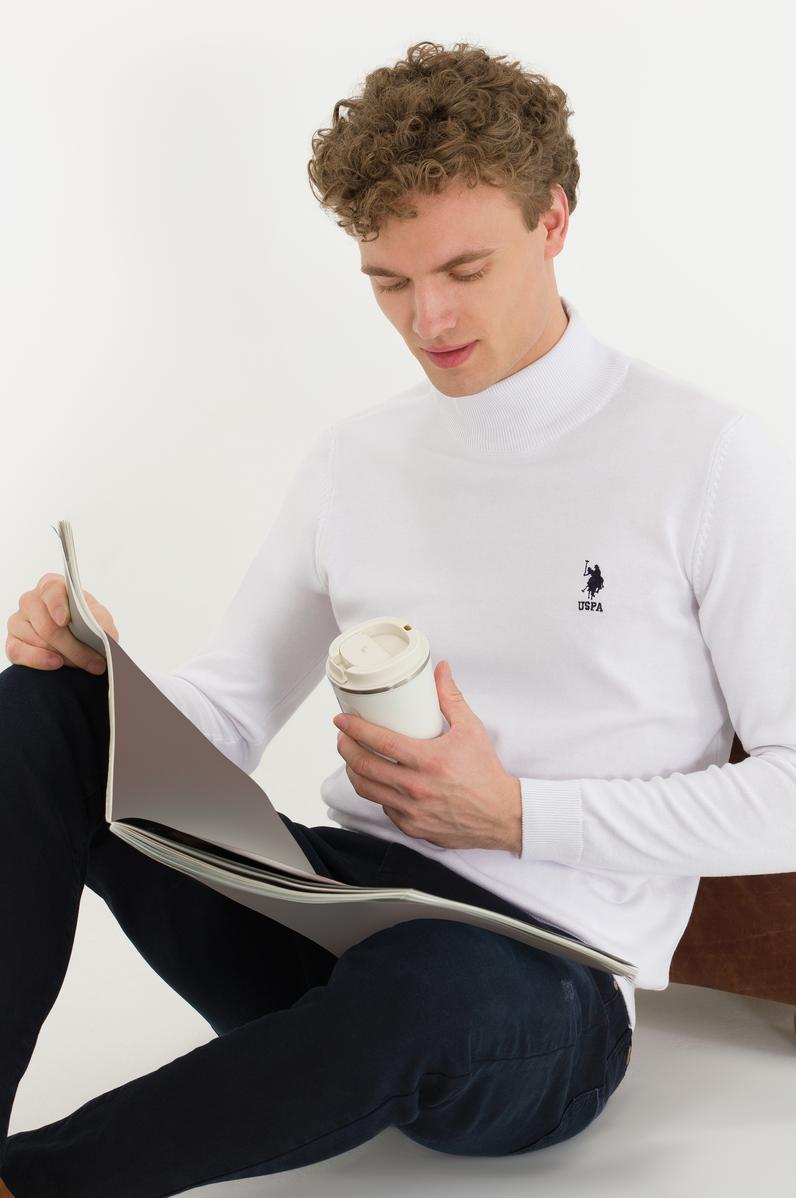 Erkek Beyaz Balıkçı Yaka Basic Triko Kazak