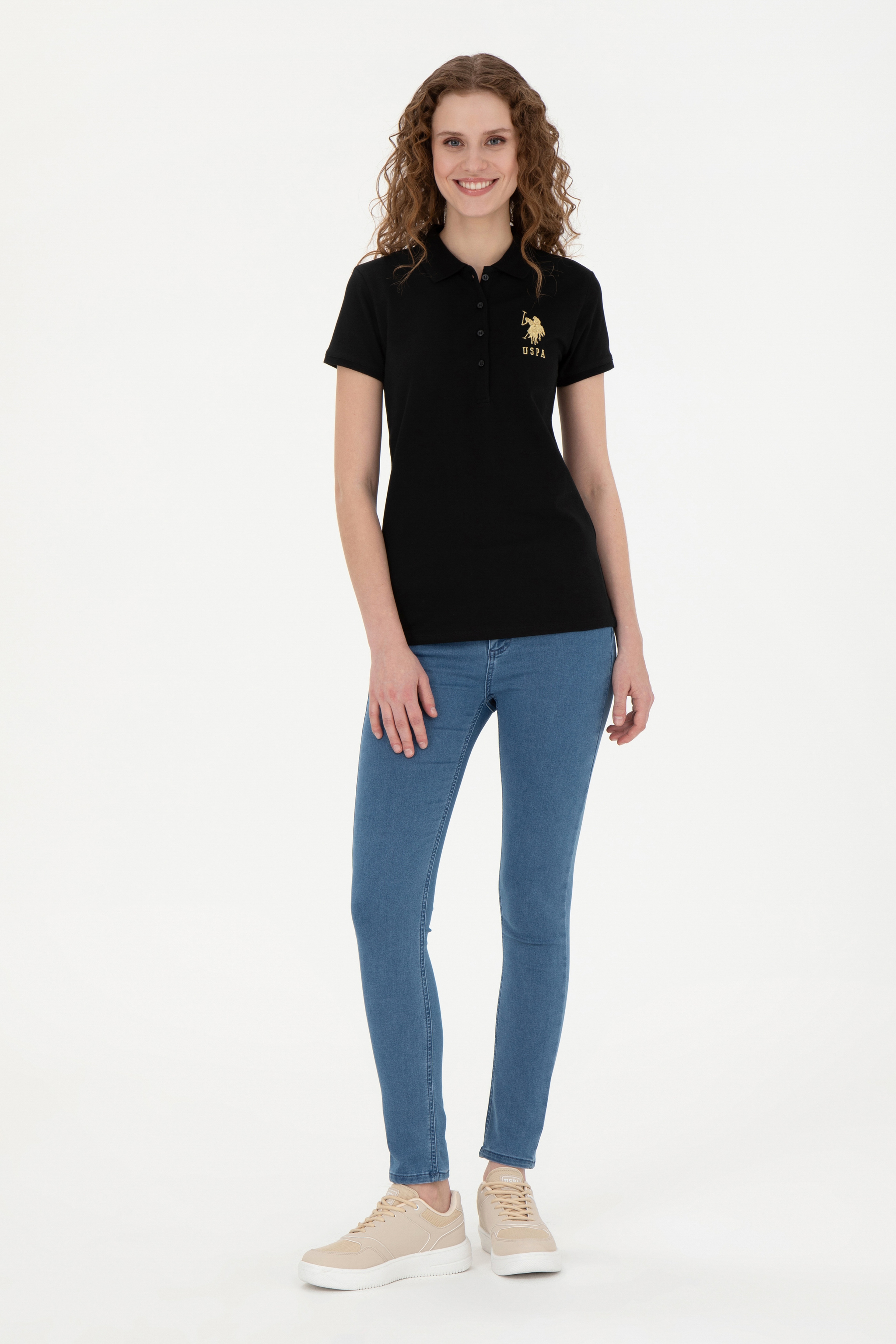 Kadın Siyah Basic Polo Yaka Tişört - Image 4