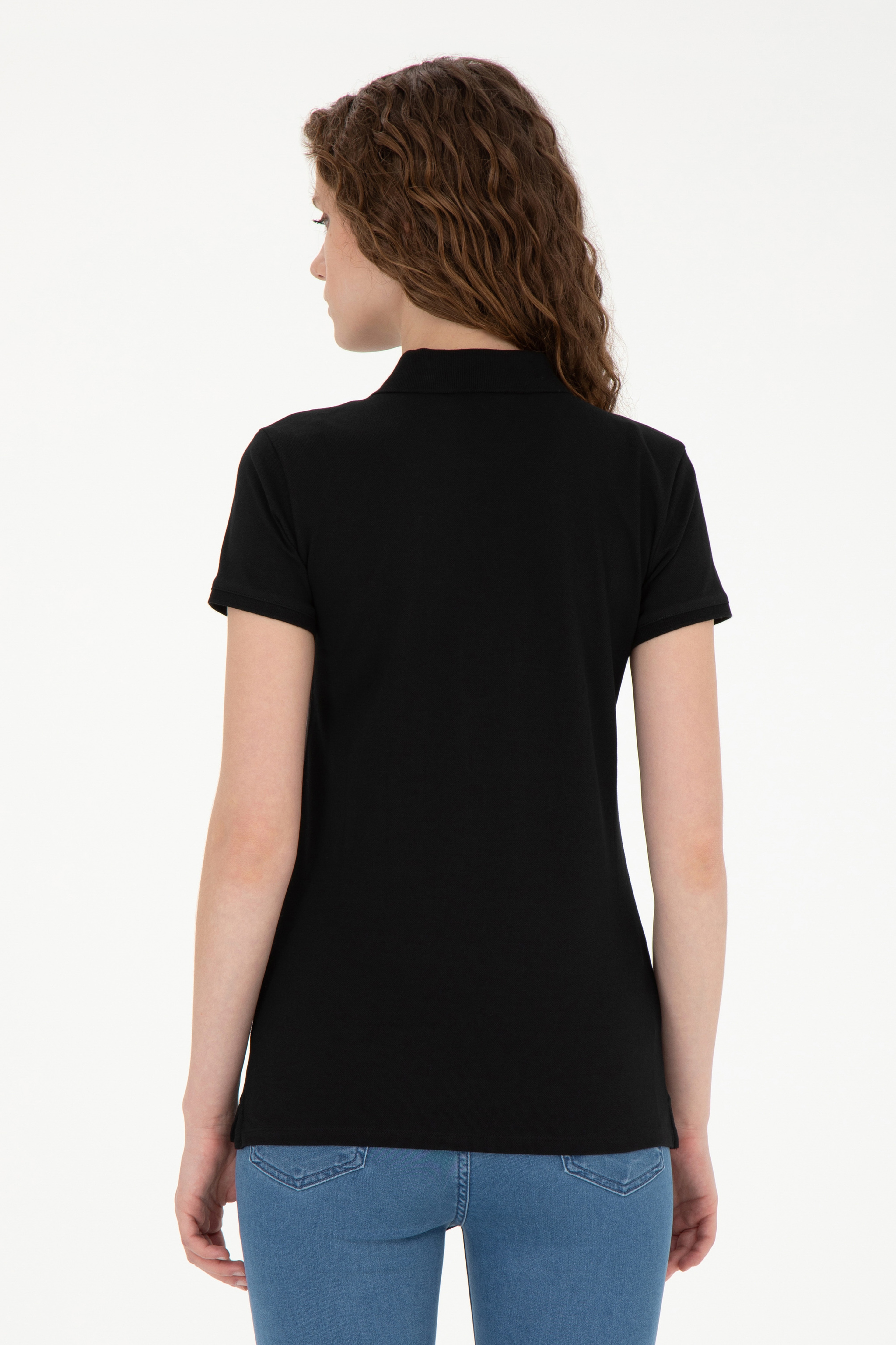 Kadın Siyah Basic Polo Yaka Tişört - Image 5