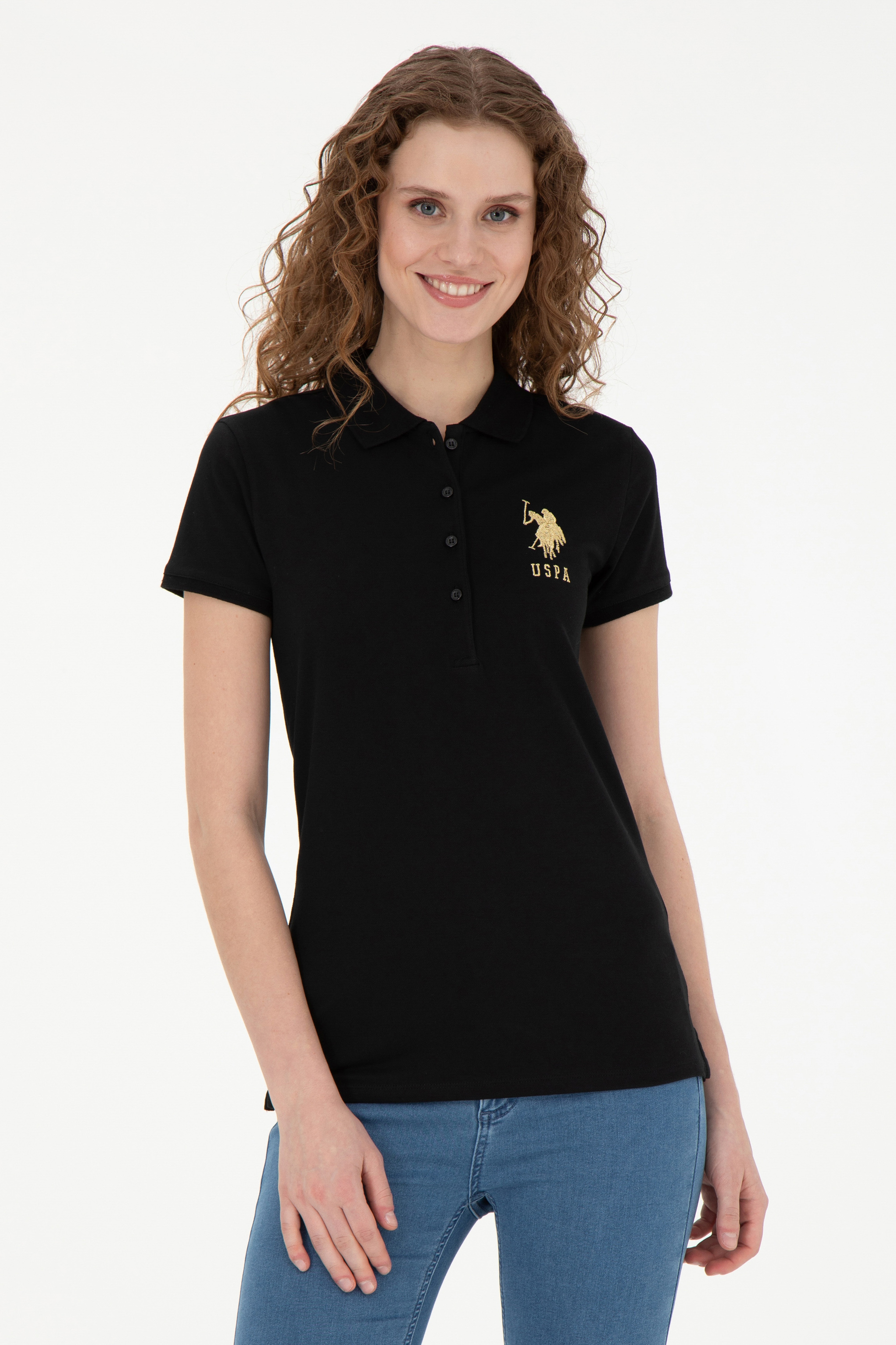 Kadın Siyah Basic Polo Yaka Tişört - Image 1