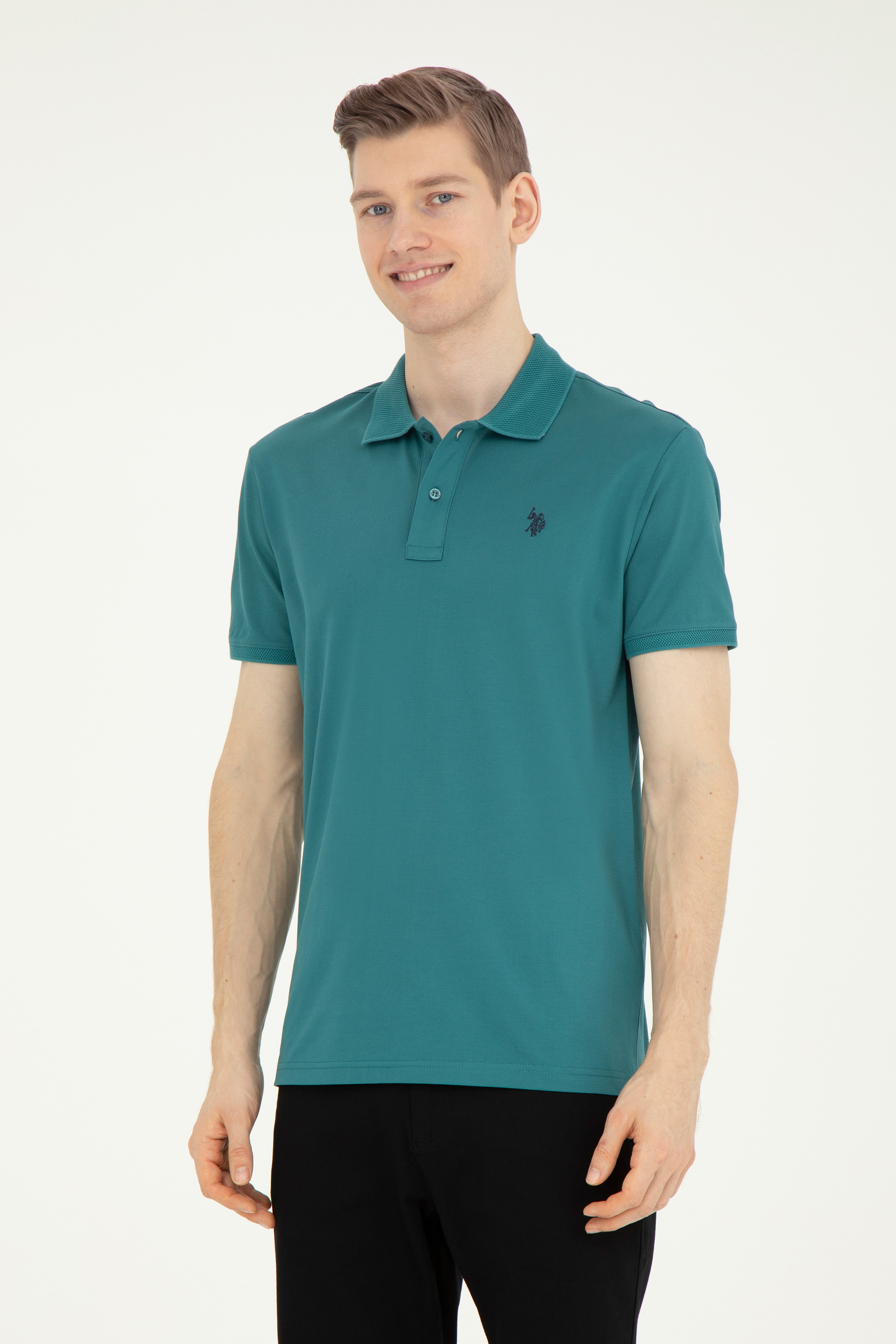 Erkek Regular Fit Polo Yaka Koyu Yeşil Tişört
