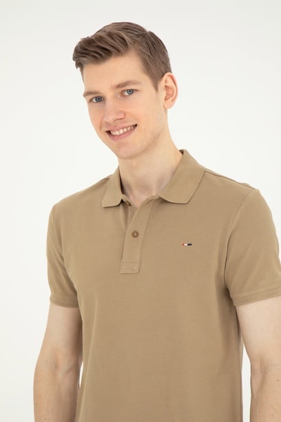 Erkek Slim Fit Polo Yaka Haki Basic Tişört