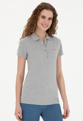 Kadın Gri Melanj Basic Polo Yaka Tişört - 50285846113