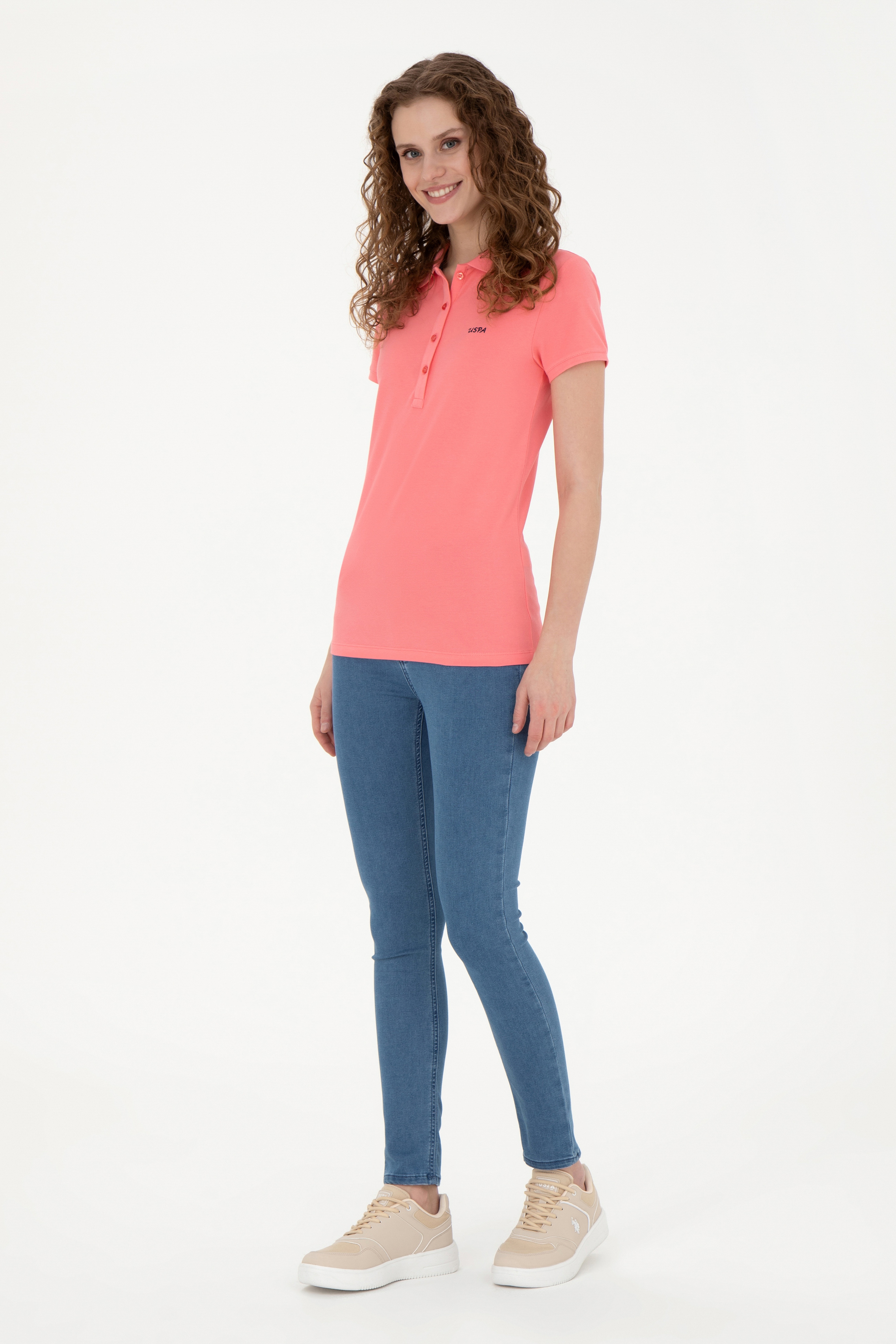 Kadın Neon Pembe Basic Polo Yaka Tişört - Image 4