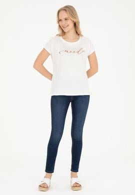 Kadın Ekru Bisiklet Yaka Tişört - 50282894007