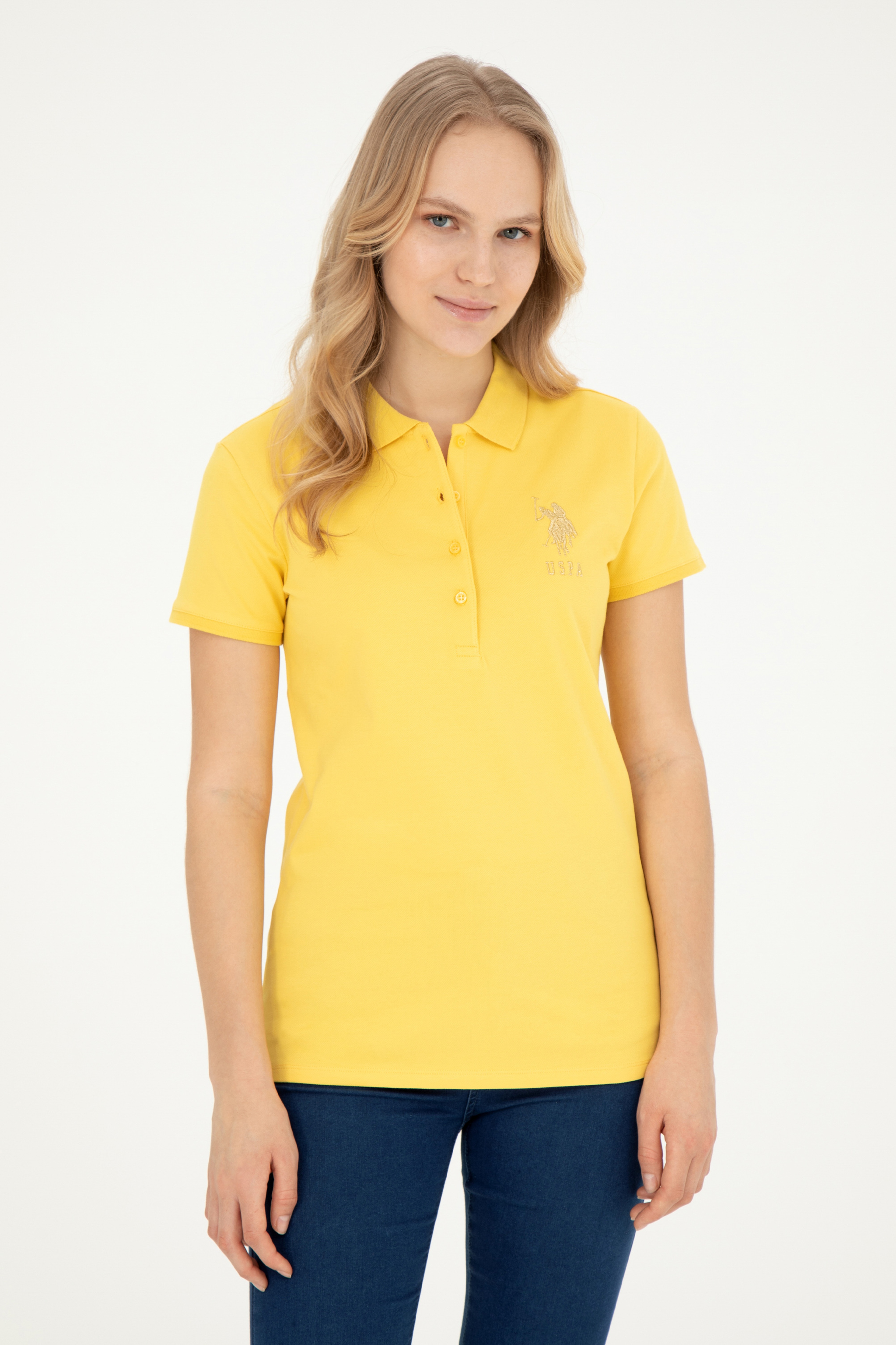 Kadın Sarı Basic Polo Yaka Tişört - Image 3
