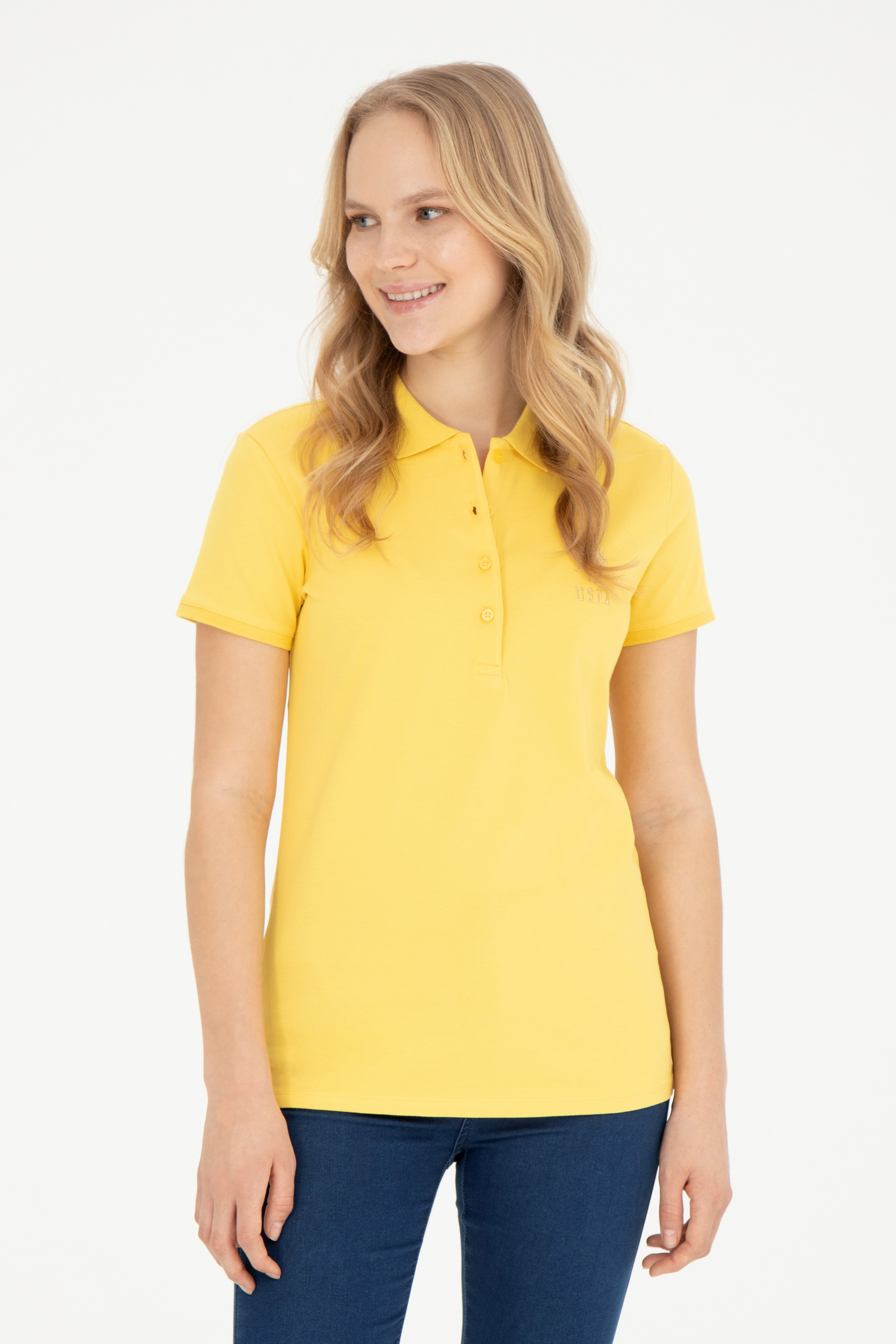 Kadın Sarı Basic Polo Yaka Tişört - Image 1