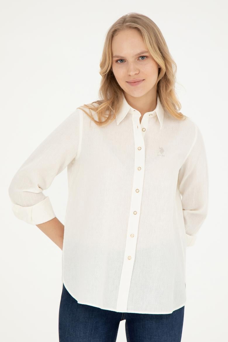 Kadın Ekru Keten Görünümlü Uzun Kollu Gömlek