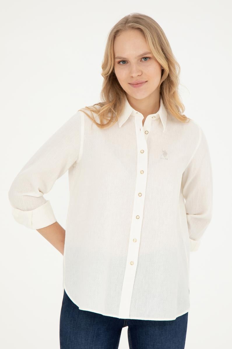 Kadın Ekru Keten Görünümlü Uzun Kollu Gömlek