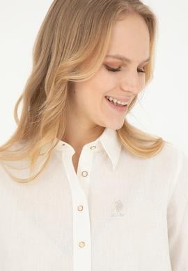 Kadın Ekru Keten Görünümlü Uzun Kollu Gömlek - 50263362011