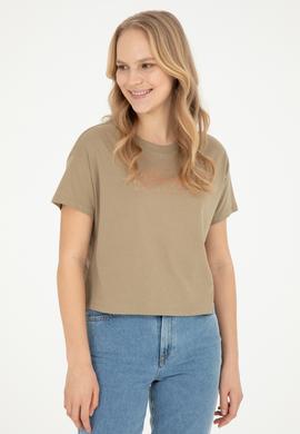 Kadın Haki Bisiklet Yaka Tişört - 50282898015