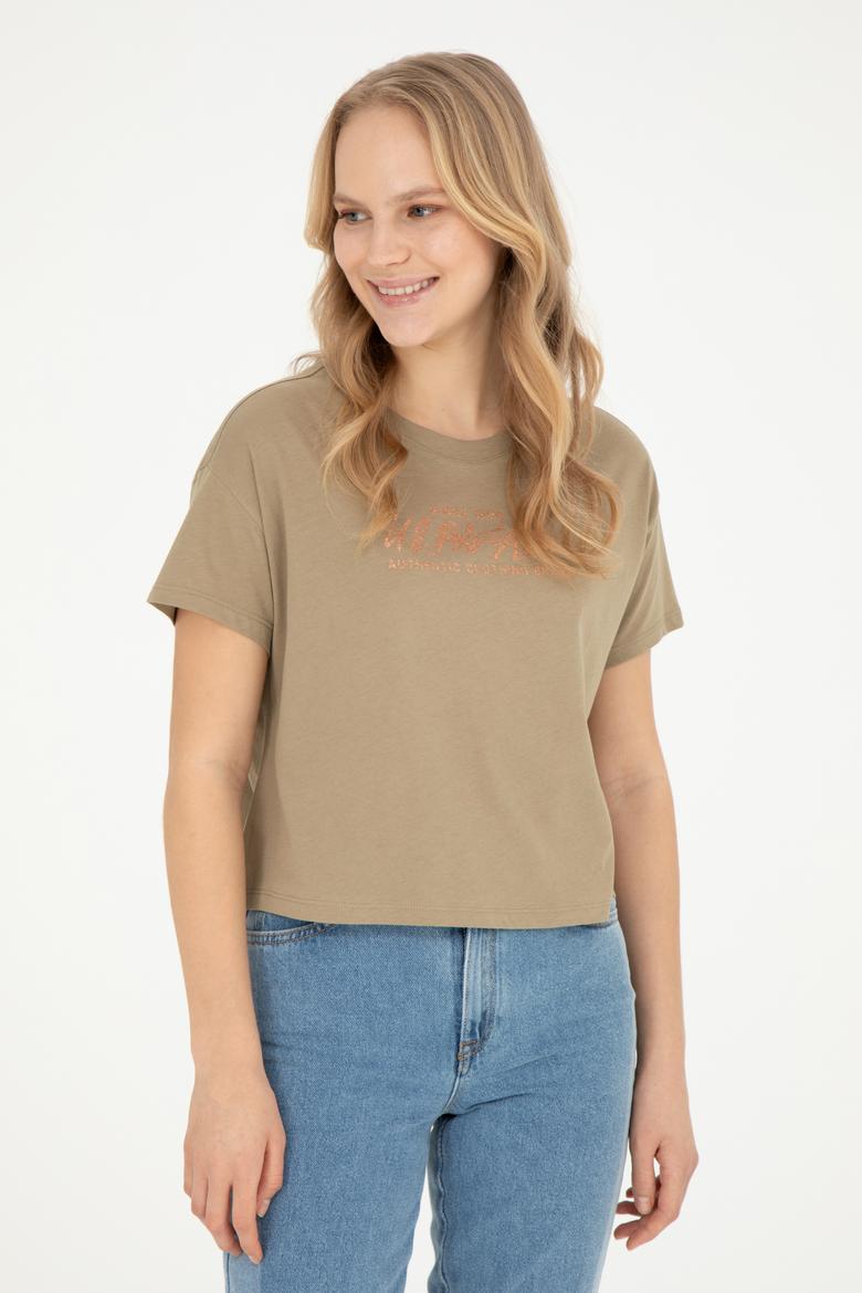 Kadın Haki Bisiklet Yaka Tişört - 50282898015