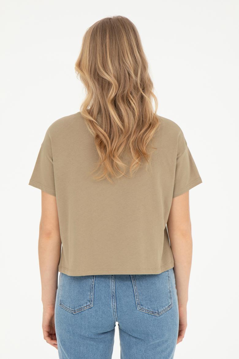 Kadın Haki Bisiklet Yaka Tişört - 50282898015