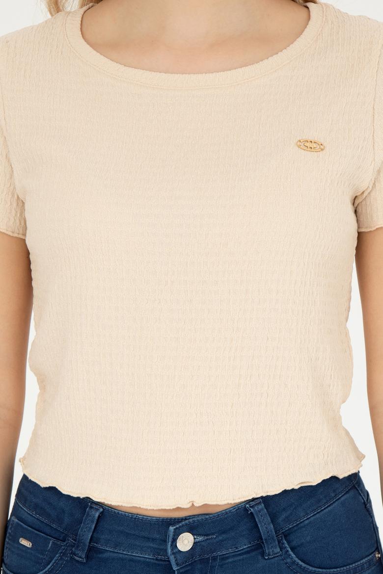 Kadın Krem Bisiklet Yaka Tişört - 50285532013