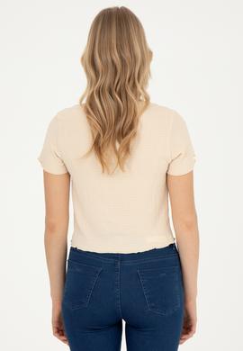Kadın Krem Bisiklet Yaka Tişört - 50285532013